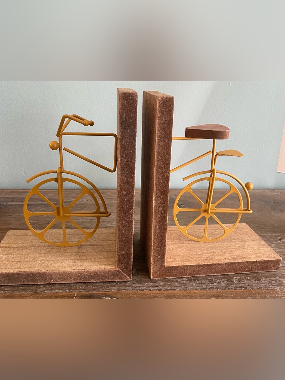 Vintage Mid Century Modern Bicycle Metal & Wood Bookends Set Mustard Yellow MCM